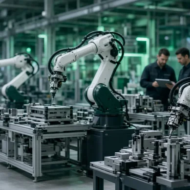 Braços robóticos industriais em linha de montagem
