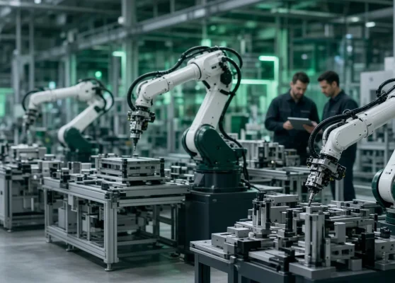 Braços robóticos industriais em linha de montagem