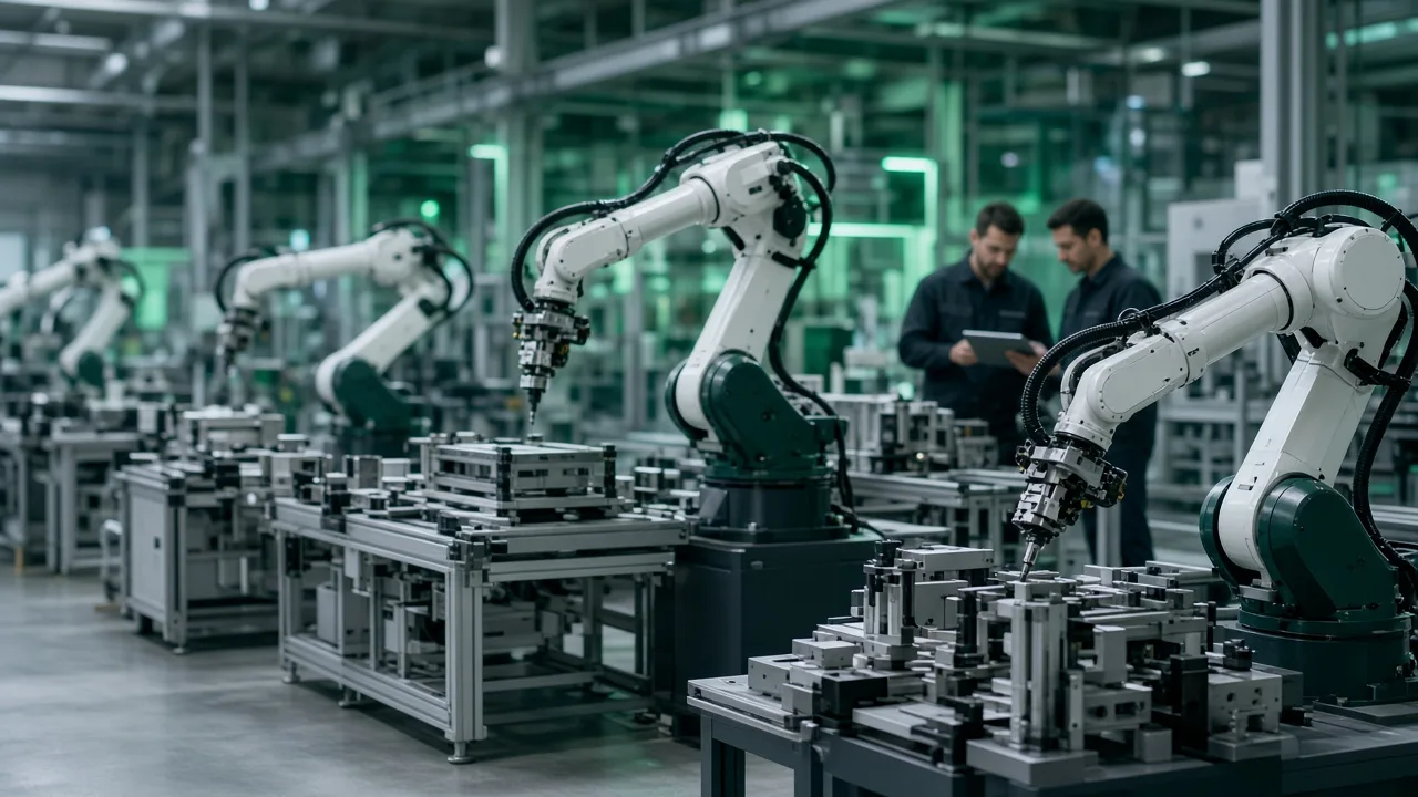 Braços robóticos industriais em linha de montagem