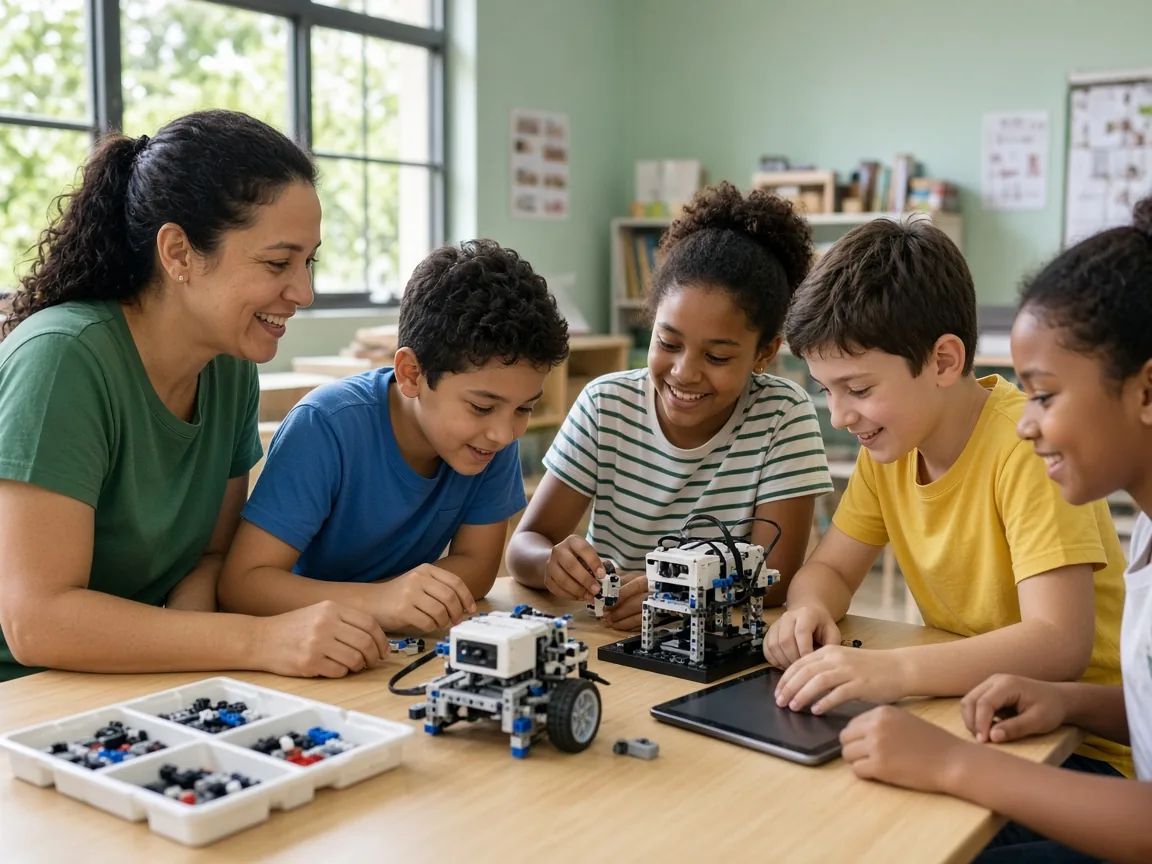 Professora e alunos programando robôs educacionais em sala de aula
