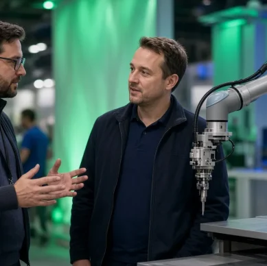 Engenheiro conversa com expositor ao lado de um robô colaborativo em estande de feira