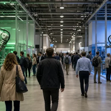Visitantes caminham por um grande pavilhão de feira com estandes de robôs industriais