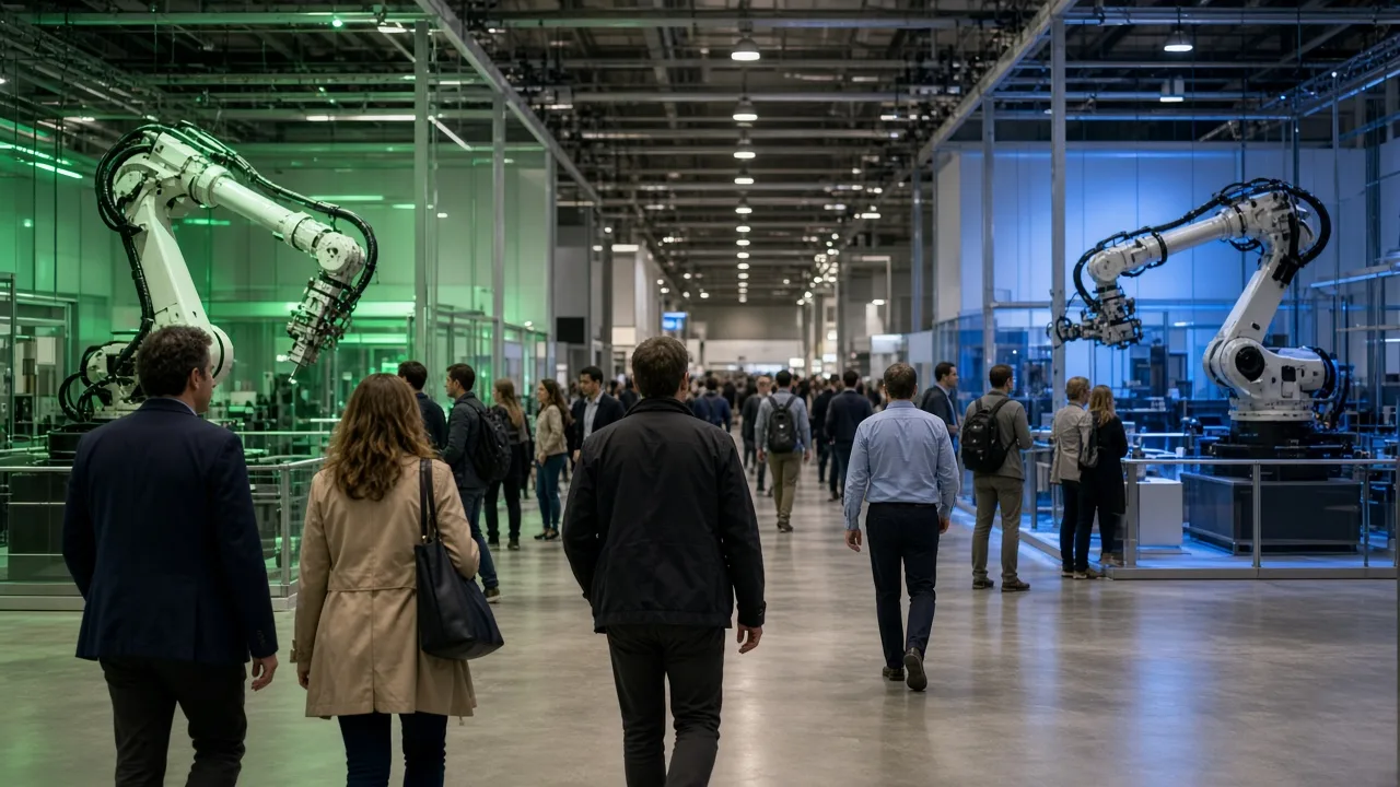 Visitantes caminham por um grande pavilhão de feira com estandes de robôs industriais