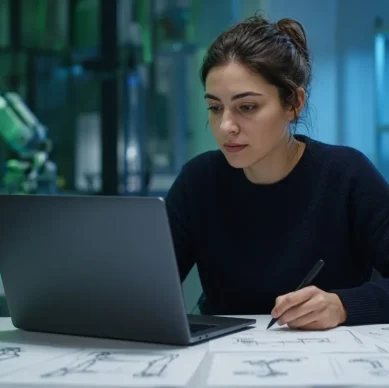 Pesquisadora escreve artigo técnico no notebook ao lado de desenhos de braços robóticos