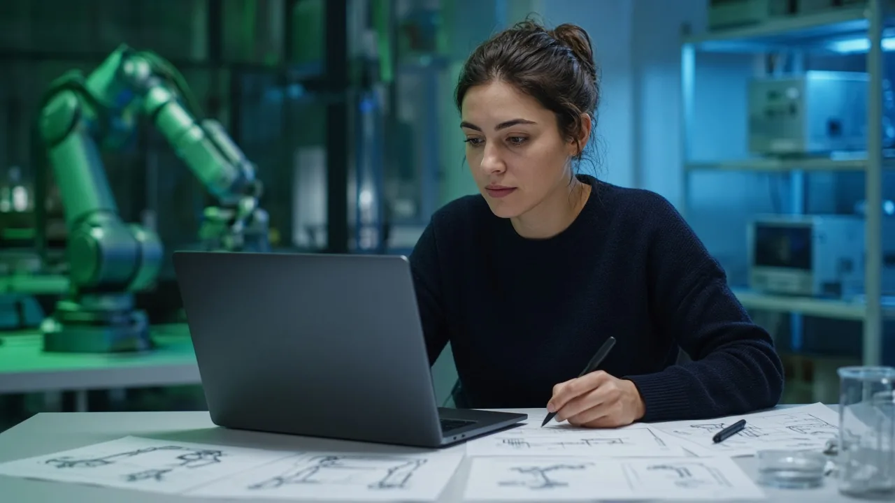 Pesquisadora escreve artigo técnico no notebook ao lado de desenhos de braços robóticos