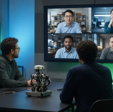 Equipe de engenharia em videoconferência com colegas internacionais e protótipo robótico sobre a mesa