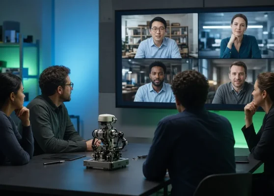 Equipe de engenharia em videoconferência com colegas internacionais e protótipo robótico sobre a mesa
