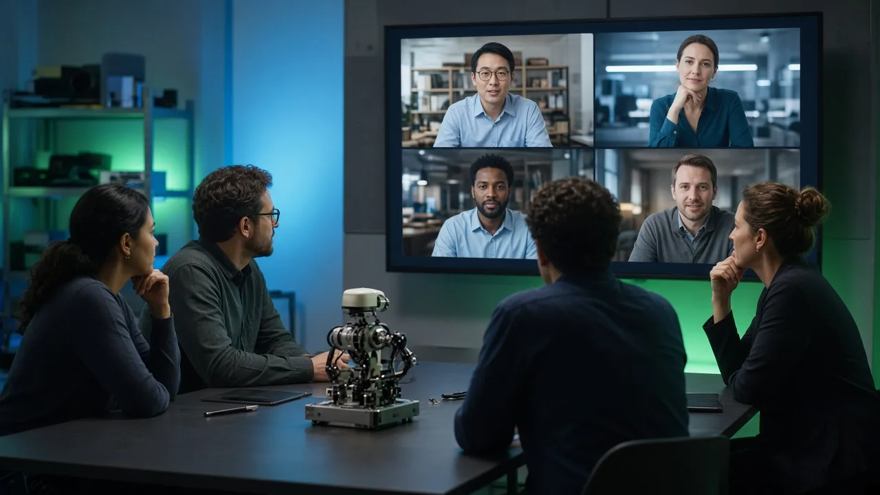 Equipe de engenharia em videoconferência com colegas internacionais e protótipo robótico sobre a mesa