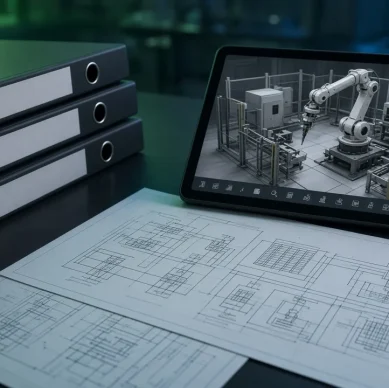 Pastas de documentação, esquemas elétricos e tablet com modelo 3D de célula robótica