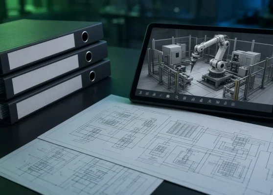 Pastas de documentação, esquemas elétricos e tablet com modelo 3D de célula robótica