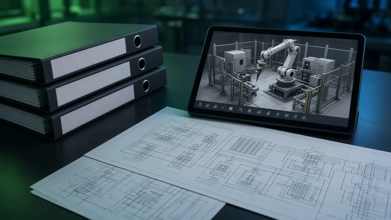 Pastas de documentação, esquemas elétricos e tablet com modelo 3D de célula robótica