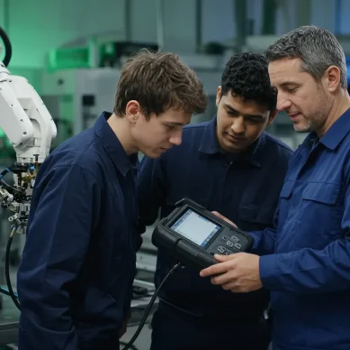 Técnicos aprendem a programar um robô industrial com teach pendant ao lado de um instrutor