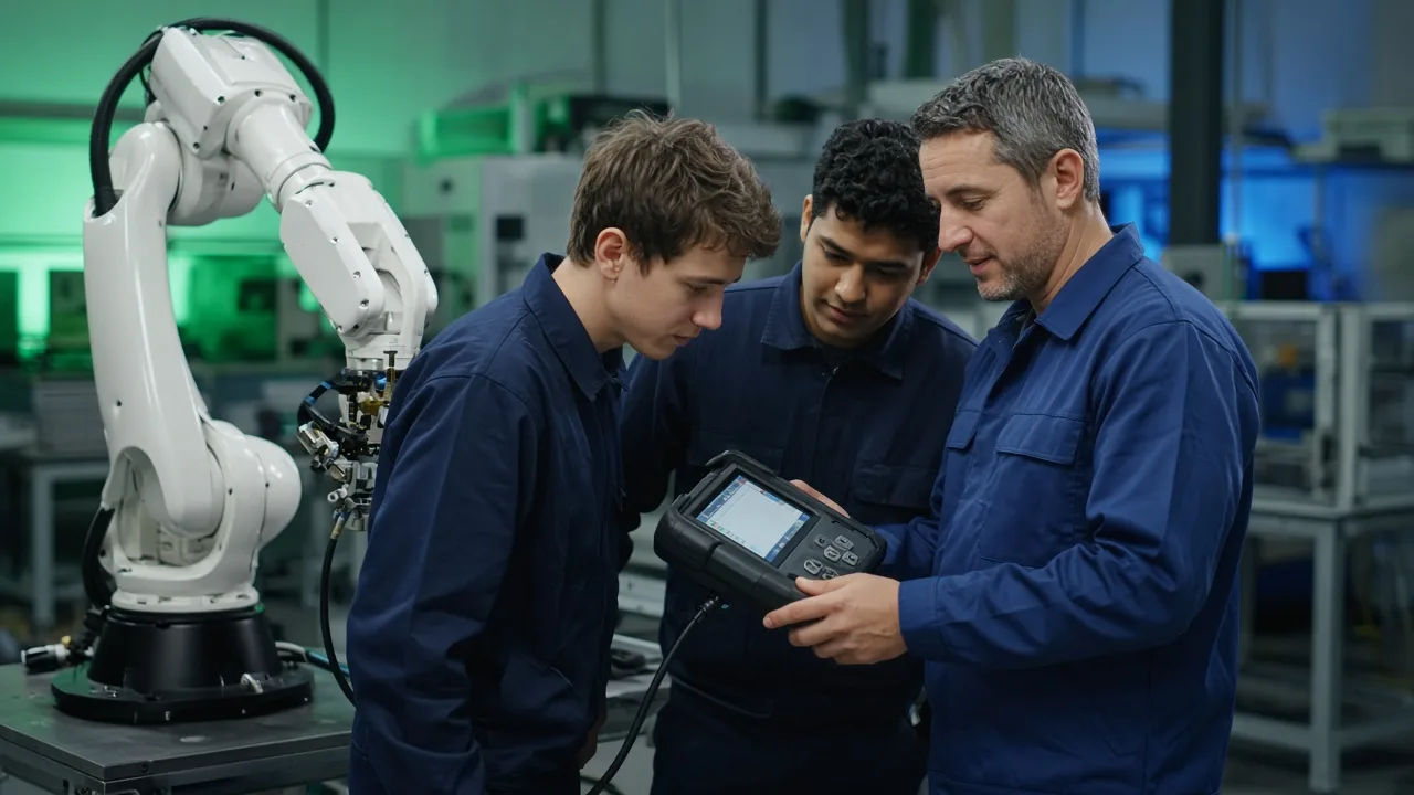 Técnicos aprendem a programar um robô industrial com teach pendant ao lado de um instrutor
