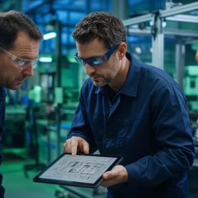 Engenheiros revisam o layout de uma célula robótica de solda em um tablet no chão de fábrica