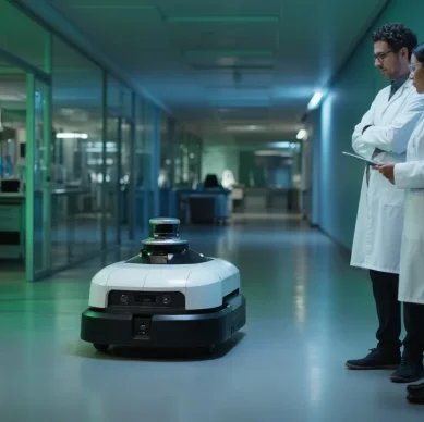 Robô móvel autônomo com sensor lidar percorre corredor de laboratório enquanto pesquisadores observam