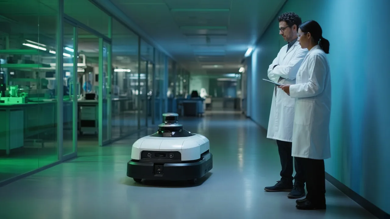 Robô móvel autônomo com sensor lidar percorre corredor de laboratório enquanto pesquisadores observam