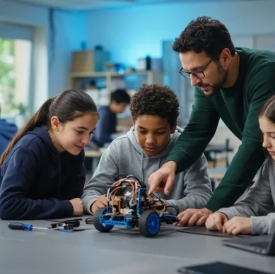 Estudantes de escola pública montam e programam robôs educacionais com a ajuda de um professor
