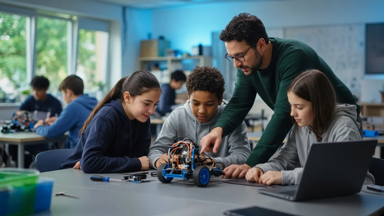 Estudantes de escola pública montam e programam robôs educacionais com a ajuda de um professor