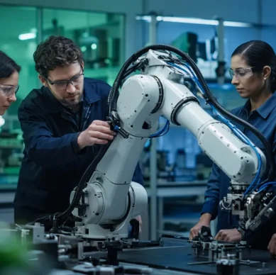 Pesquisadores e engenheiros da indústria analisam um braço robótico em laboratório