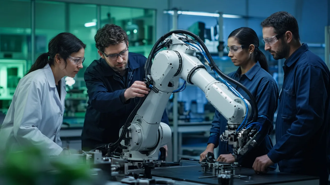 Pesquisadores e engenheiros da indústria analisam um braço robótico em laboratório